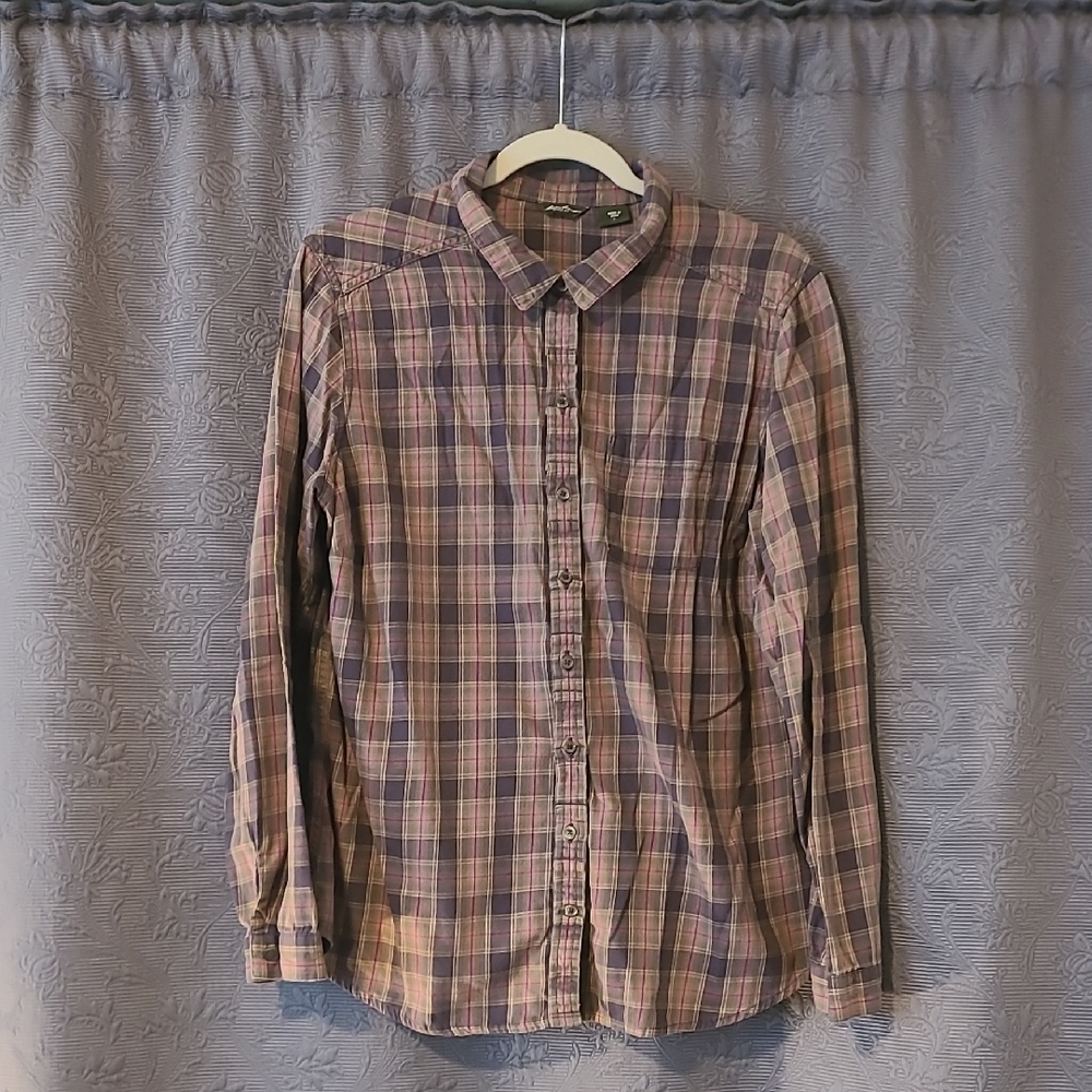 Eddie Bauer Women's Cotton Plaid Shirt - Purple and Brown, Large